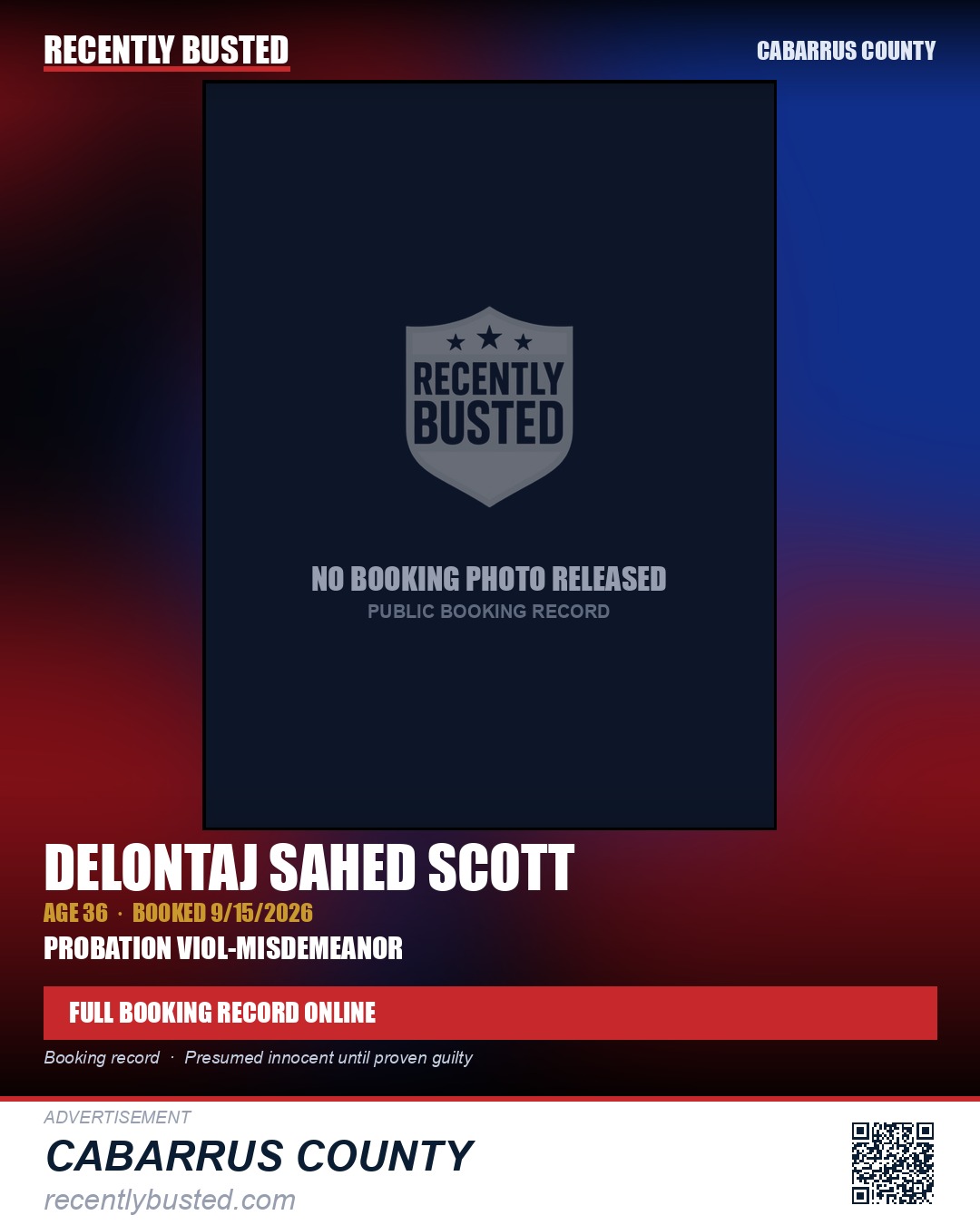 DELONTAJ SAHED SCOTT — arrest record card, Cabarrus County