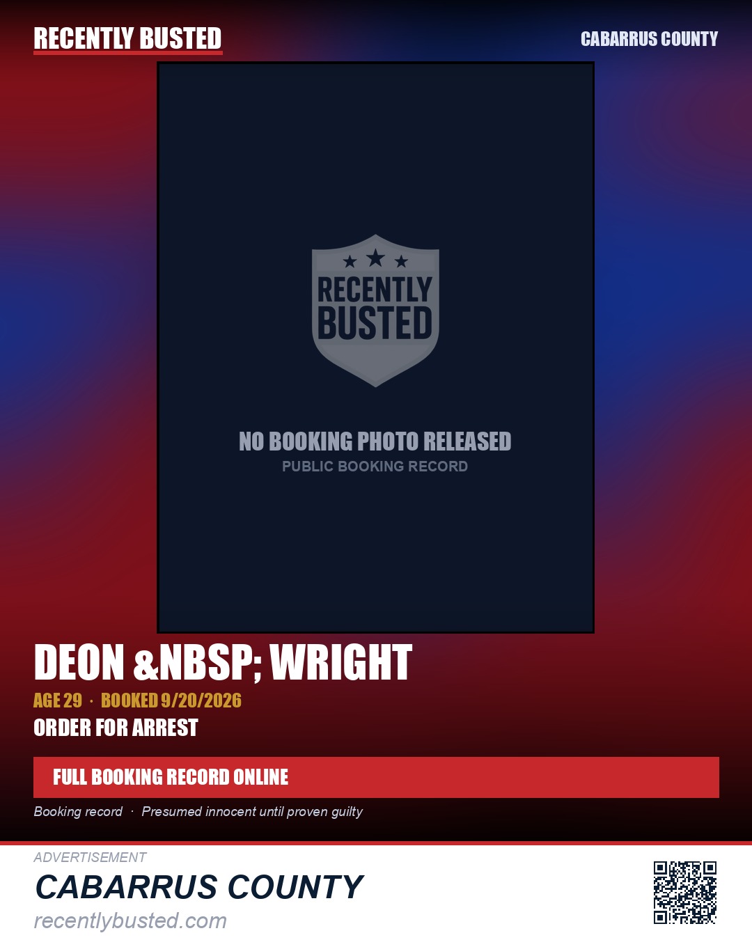 DEON &nbsp; WRIGHT — arrest record card, Cabarrus County