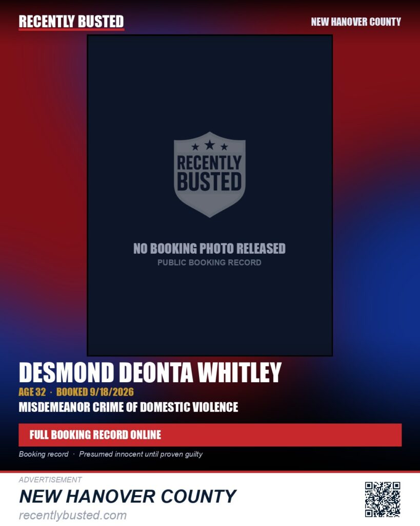 DESMOND DEONTA WHITLEY — arrest record card, New Hanover County