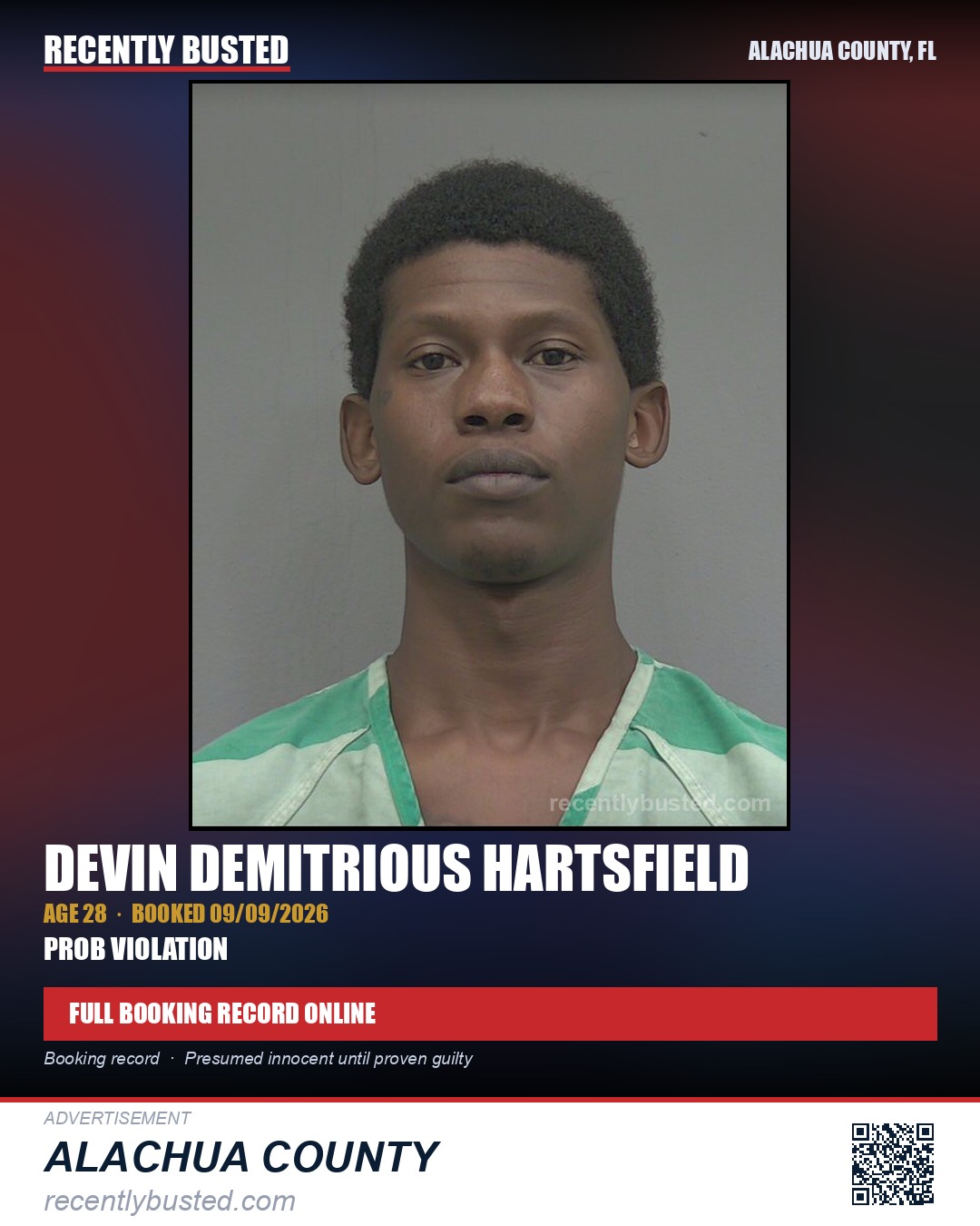 Devin Demitrious Hartsfield — arrest record card, Alachua County, Florida