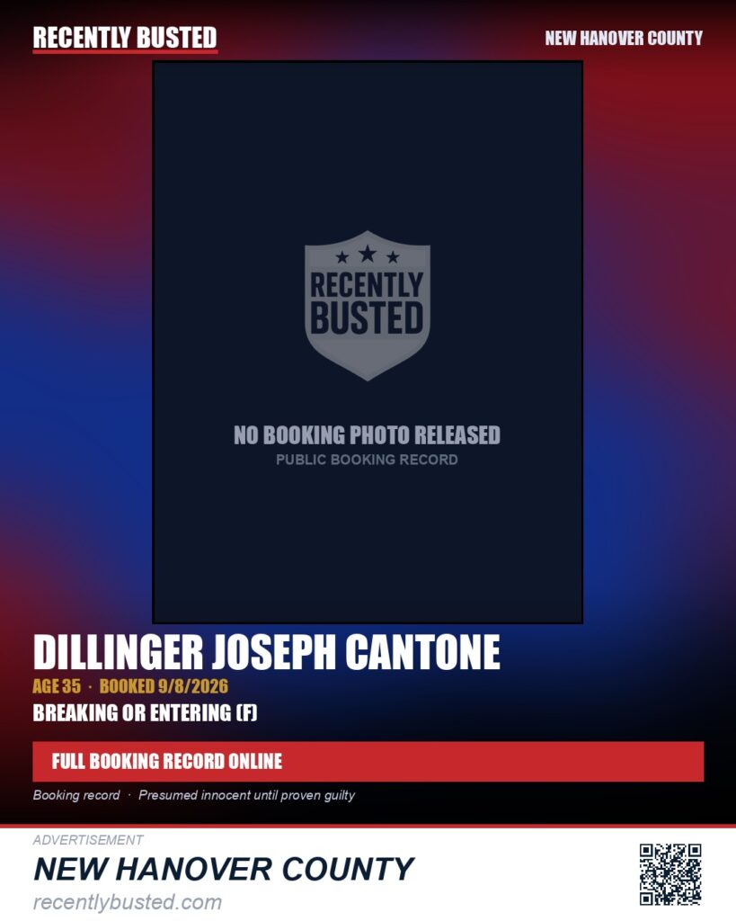 DILLINGER JOSEPH CANTONE — arrest record card, New Hanover County