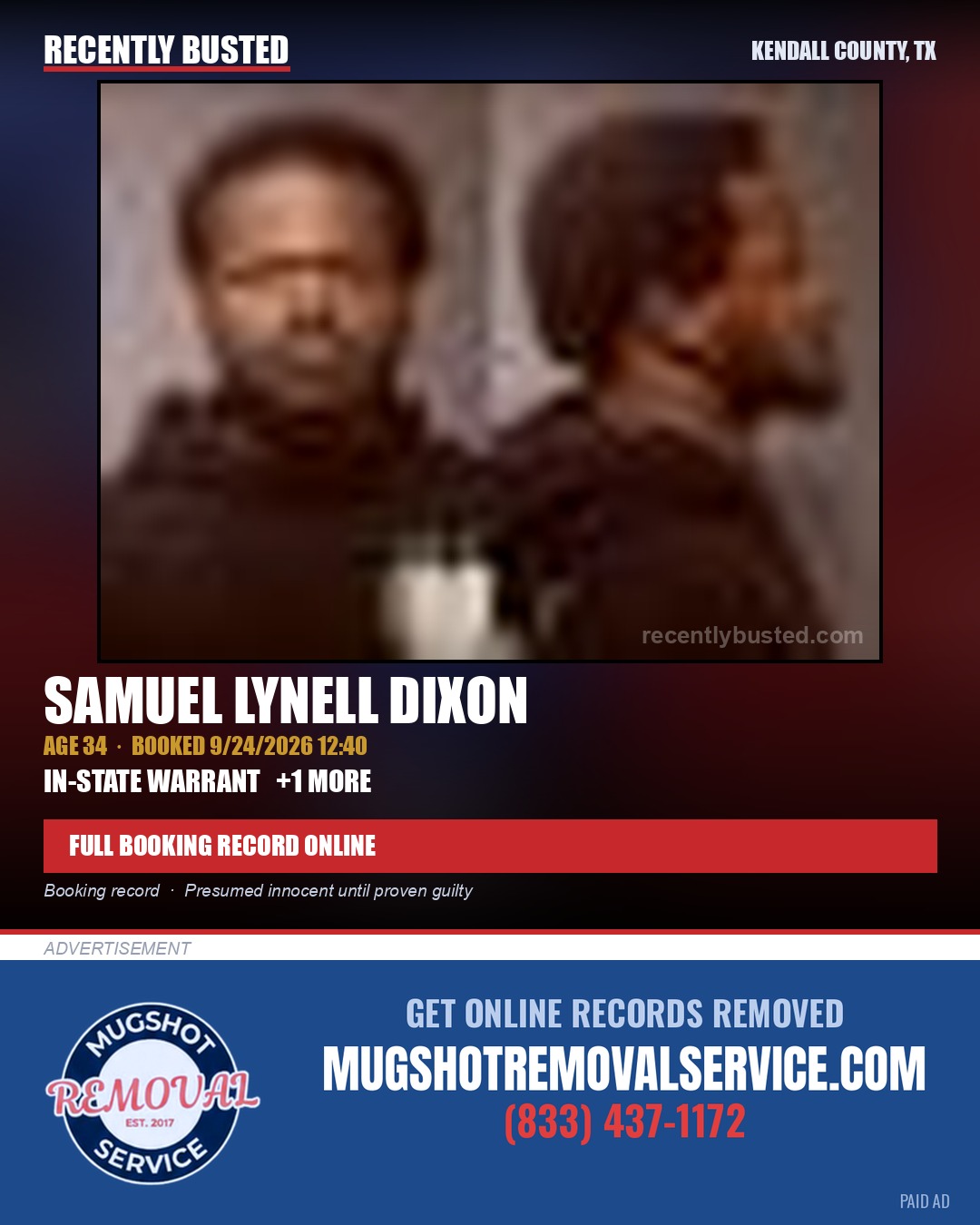 DIXON, SAMUEL LYNELL — arrest record card, Kendall County, Illinois