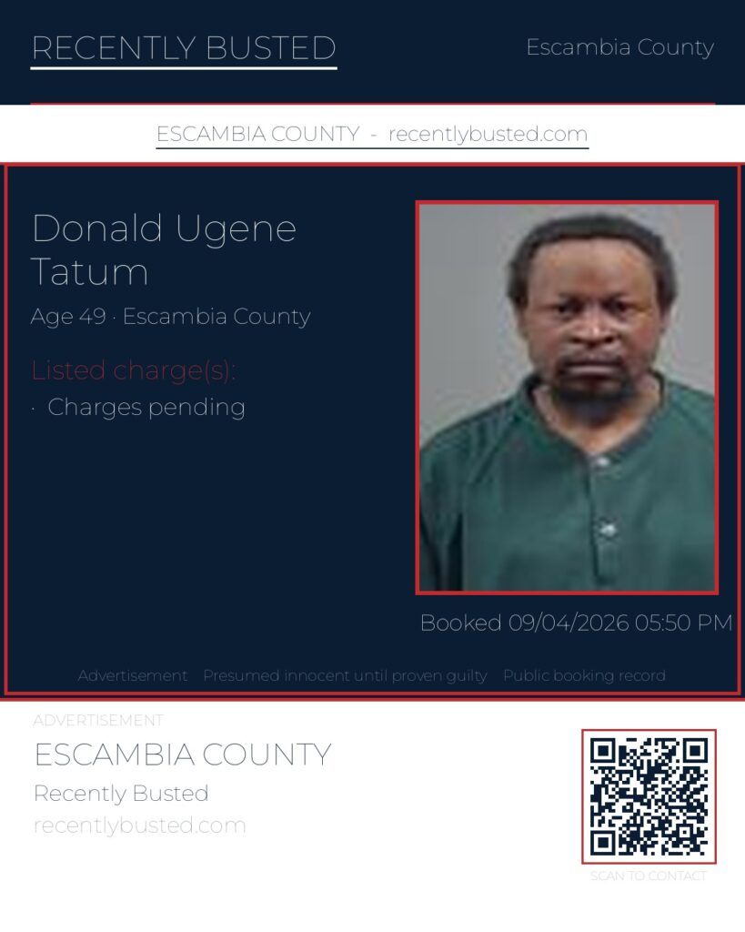 Donald Ugene Tatum — arrest record card, Escambia County, Florida