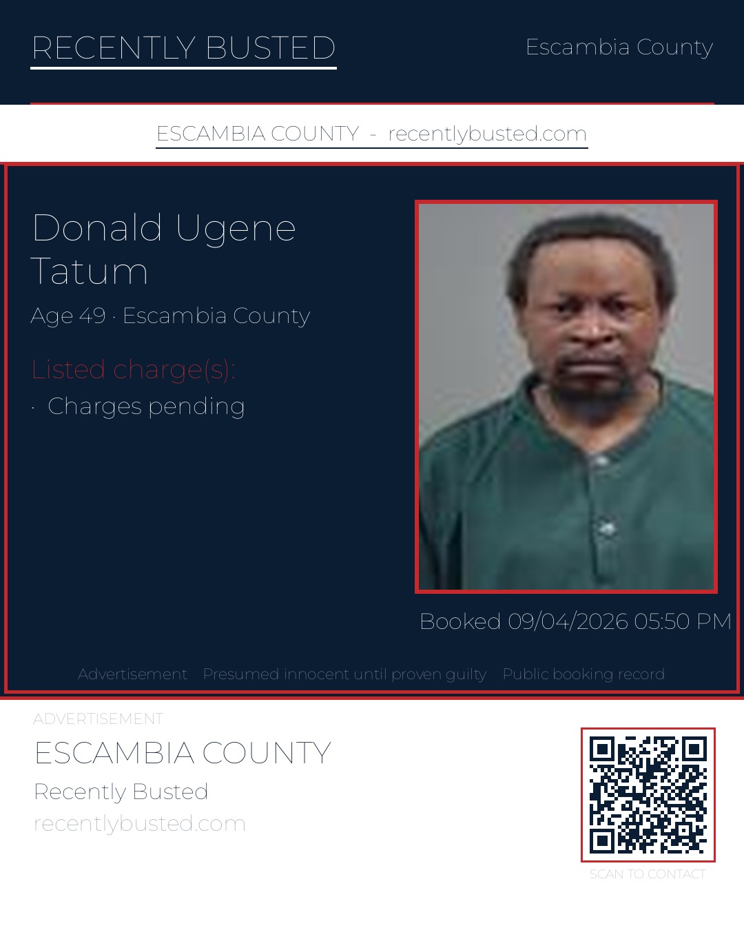 Donald Ugene Tatum — arrest record card, Escambia County, Florida