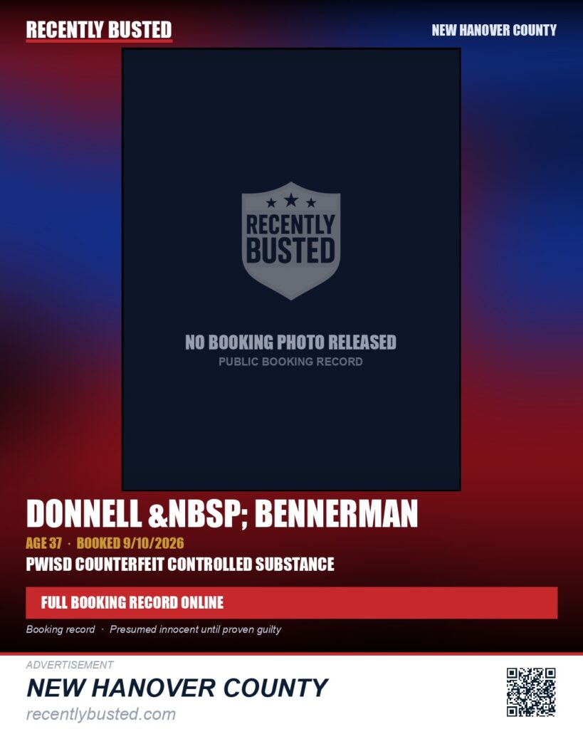 DONNELL &nbsp; BENNERMAN — arrest record card, New Hanover County