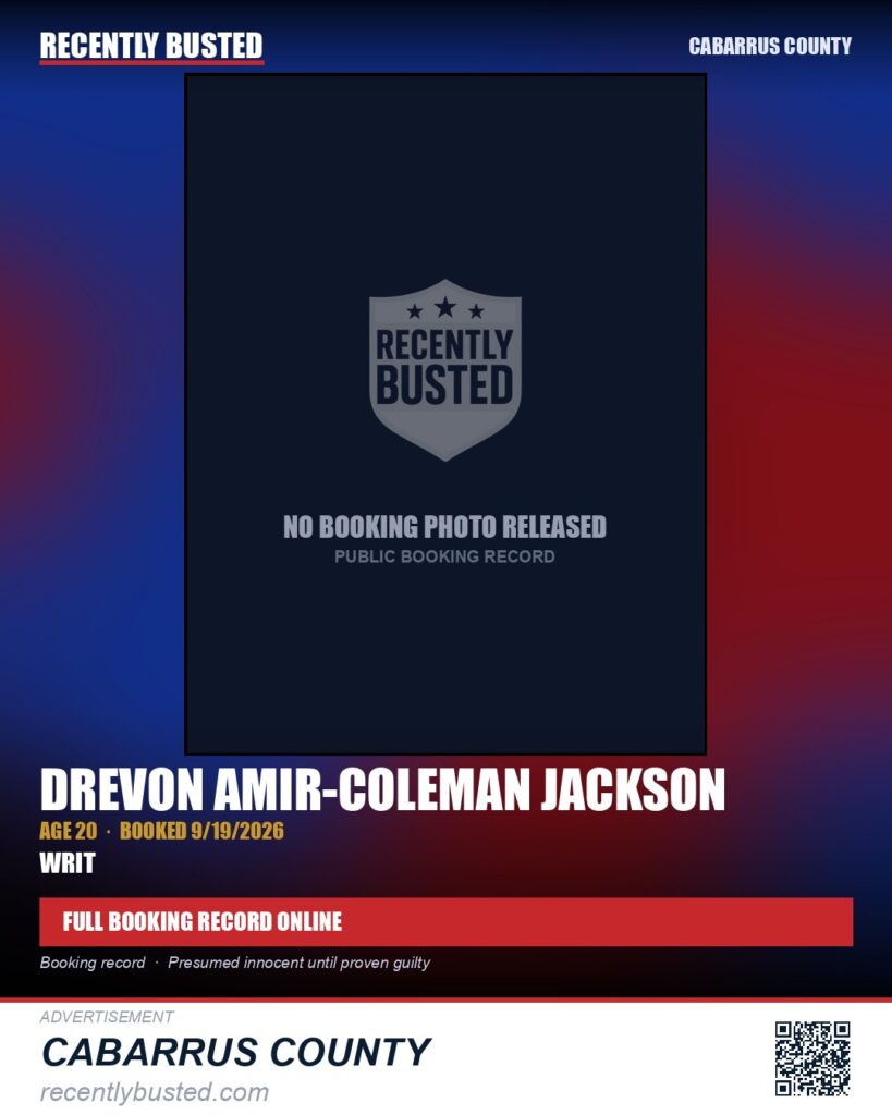 DREVON AMIR-COLEMAN JACKSON — arrest record card, Cabarrus County
