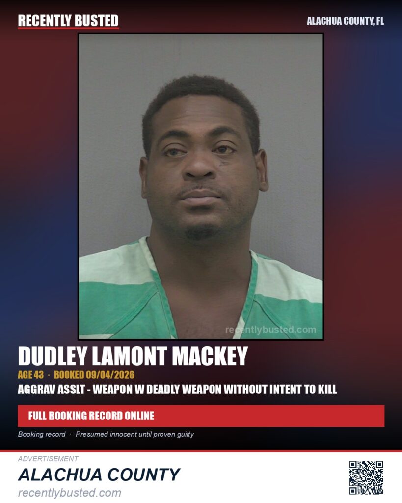 Dudley Lamont Mackey — arrest record card, Alachua County, Florida