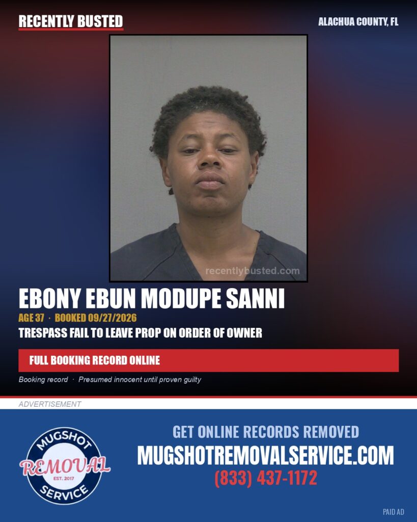 Ebony Ebun Modupe Sanni — arrest record card, Alachua County, Florida