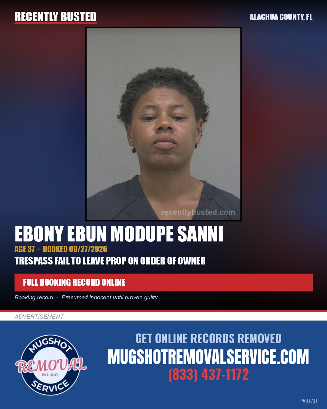 Ebony Ebun Modupe Sanni — arrest record card, Alachua County, Florida