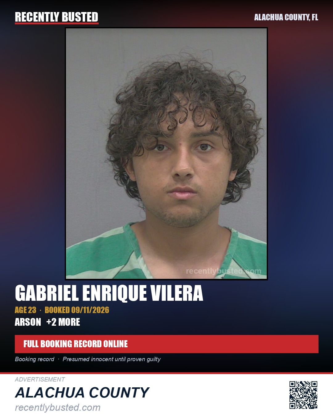Gabriel Enrique Vilera — arrest record card, Alachua County, Florida