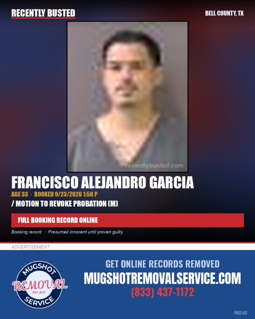 GARCIA, FRANCISCO ALEJANDRO — arrest record card, Bell County, Texas