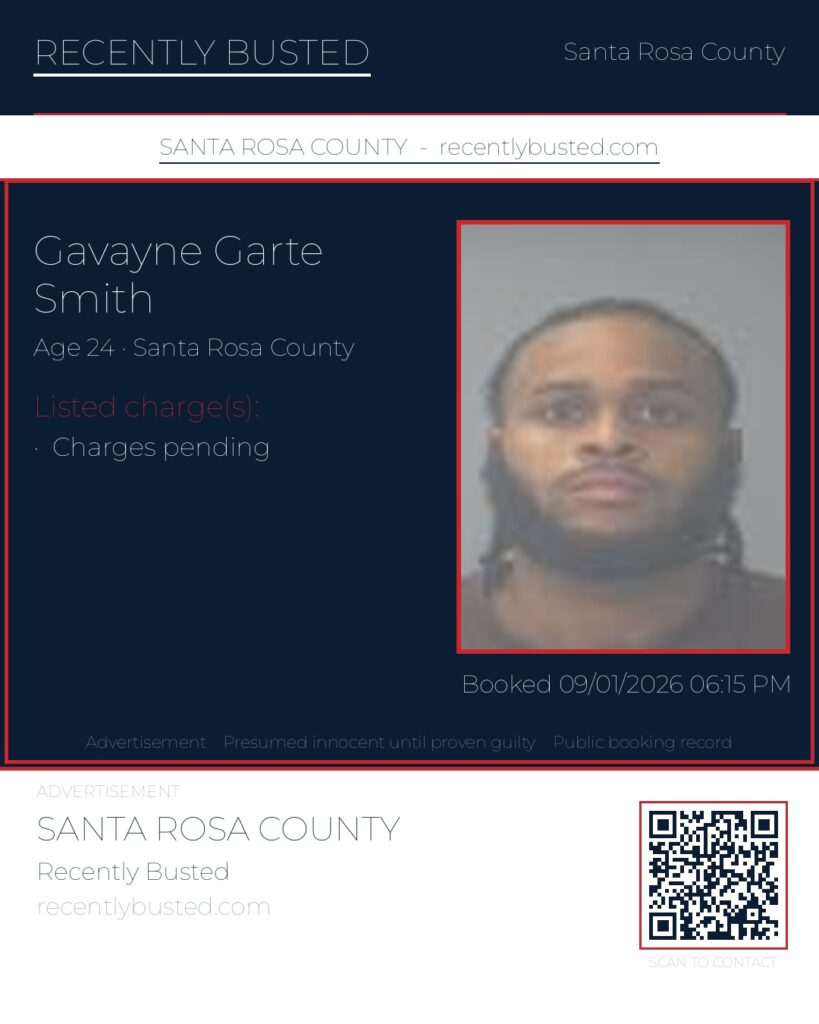 Gavayne Garte Smith — arrest record card, Santa Rosa County, Florida