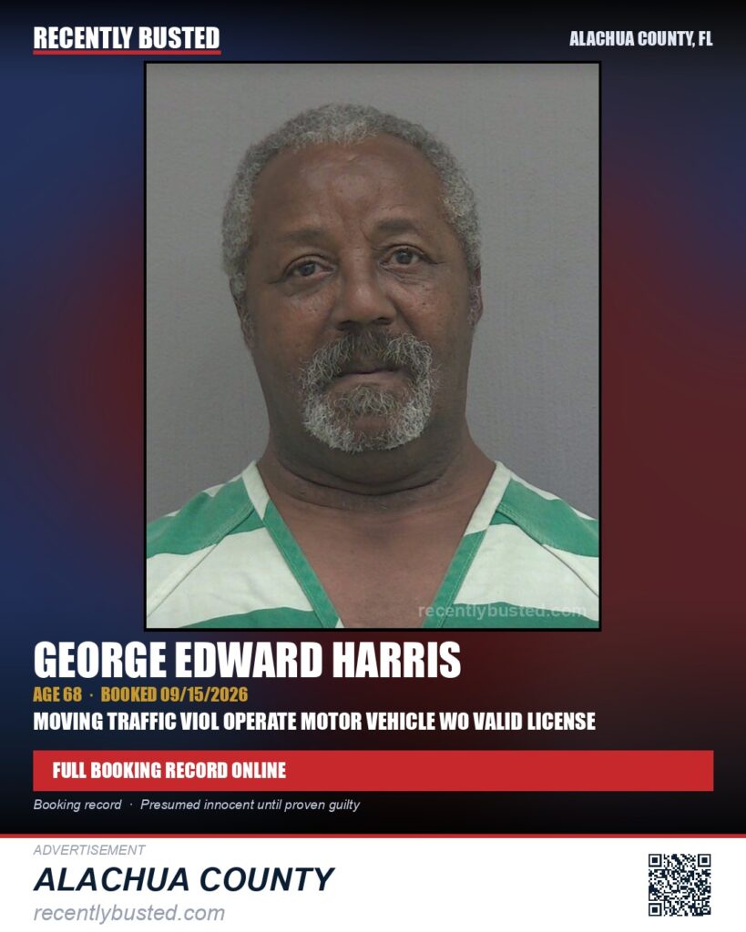 George Edward Harris — arrest record card, Alachua County, Florida