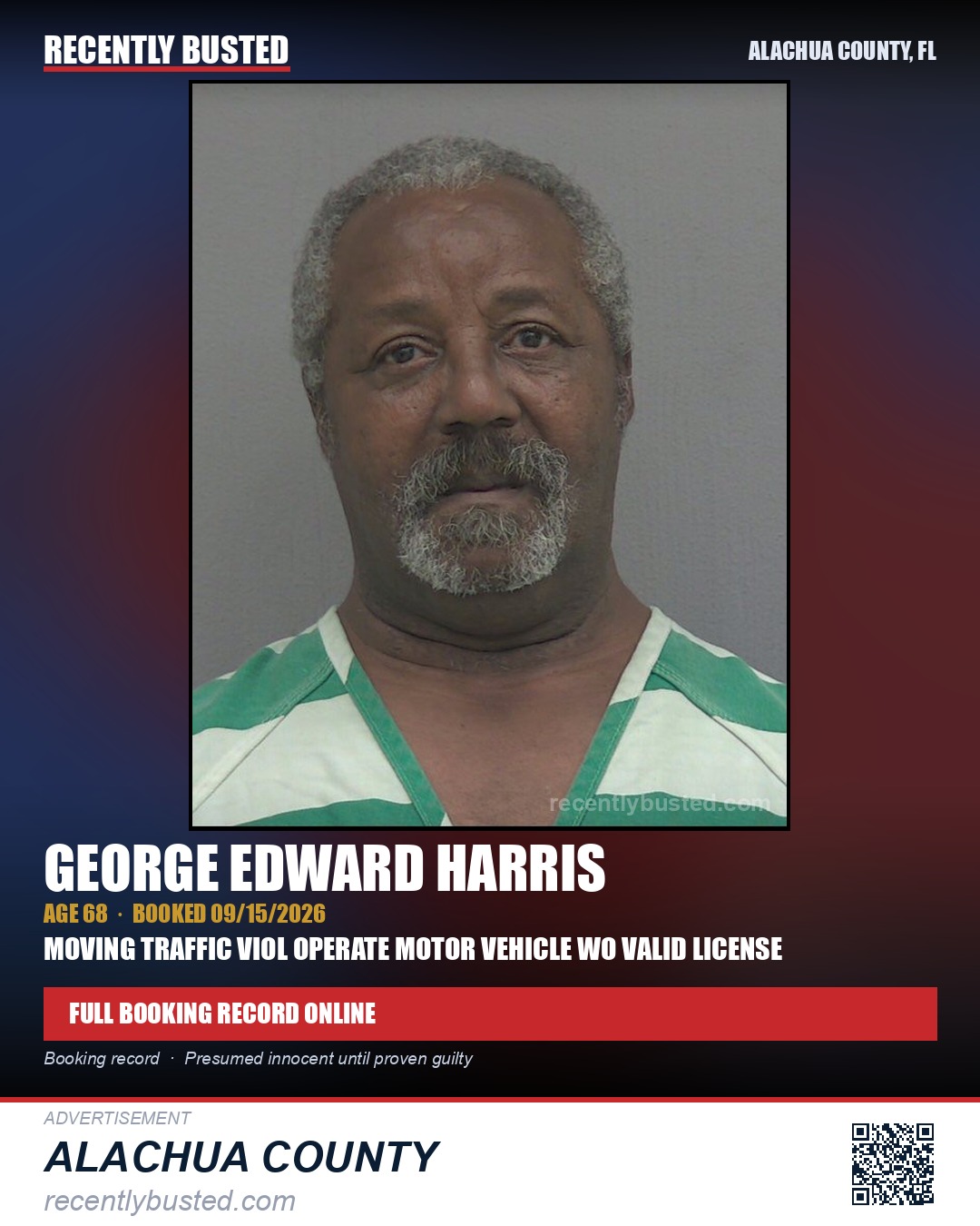 George Edward Harris — arrest record card, Alachua County, Florida
