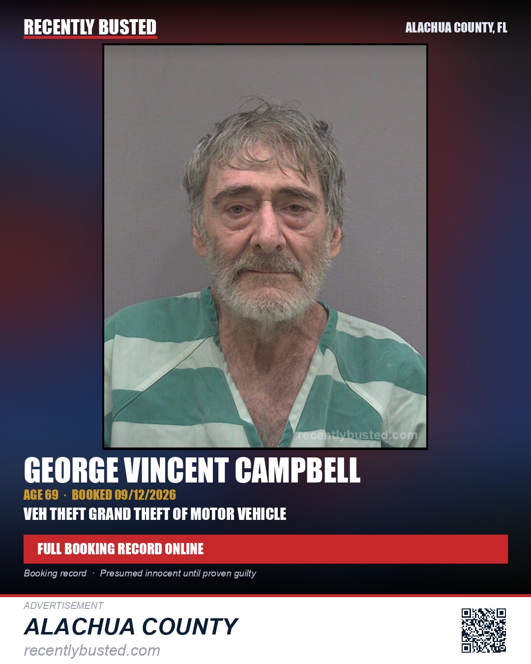 George Vincent Campbell — arrest record card, Alachua County, Florida