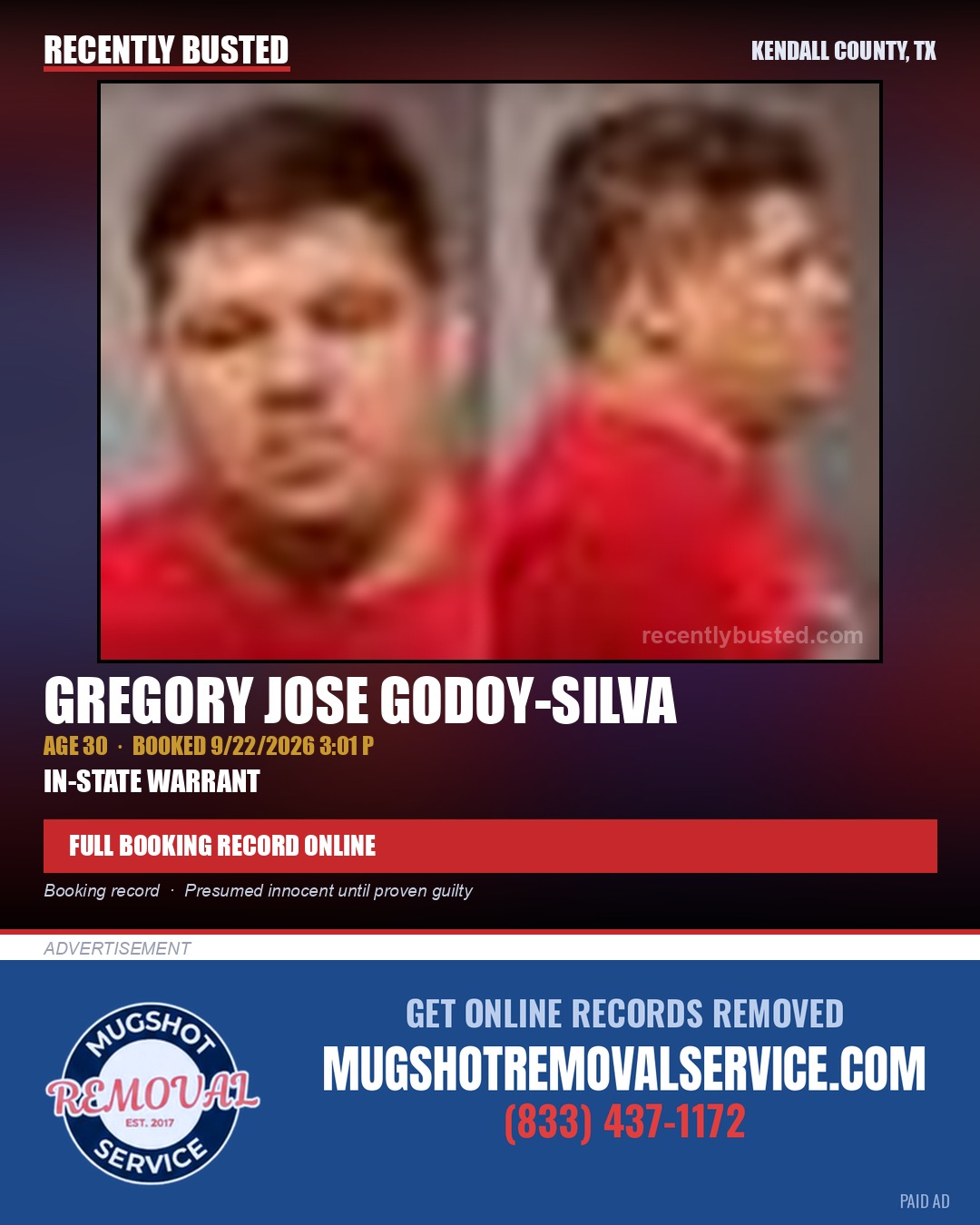 GODOY-SILVA, GREGORY JOSE — arrest record card, Kendall County, Illinois