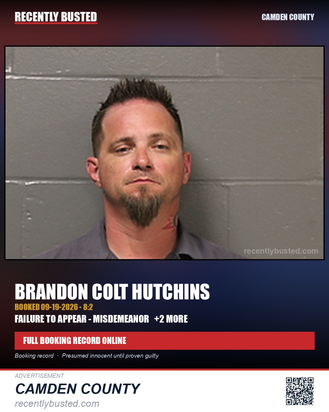 Hutchins, Brandon Colt — arrest record card, Camden County