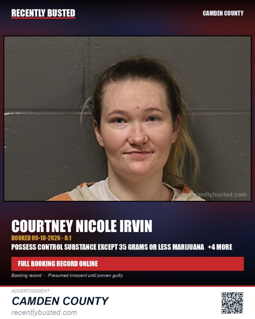 Irvin, Courtney Nicole — arrest record card, Camden County
