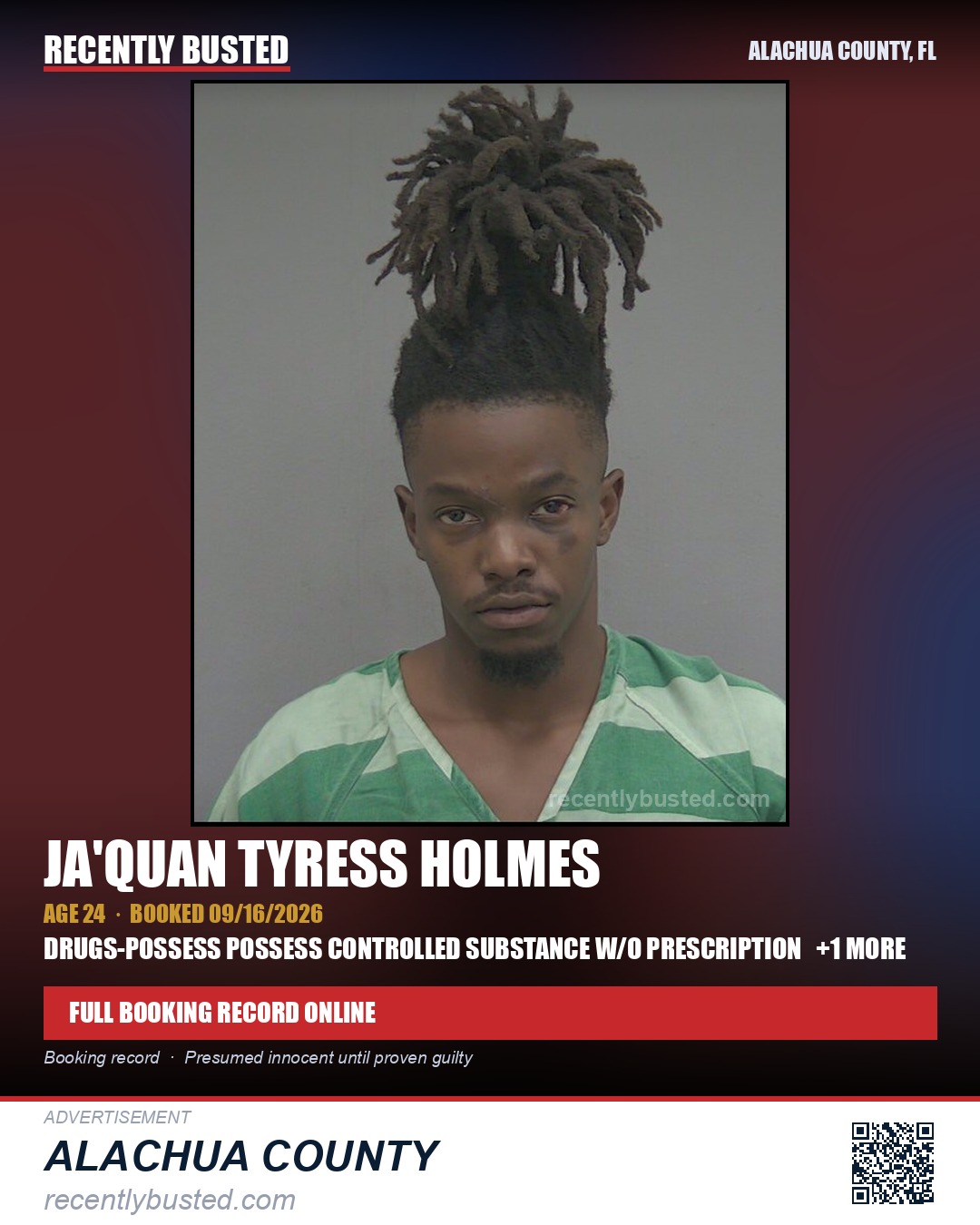 Ja'Quan Tyress Holmes — arrest record card, Alachua County, Florida