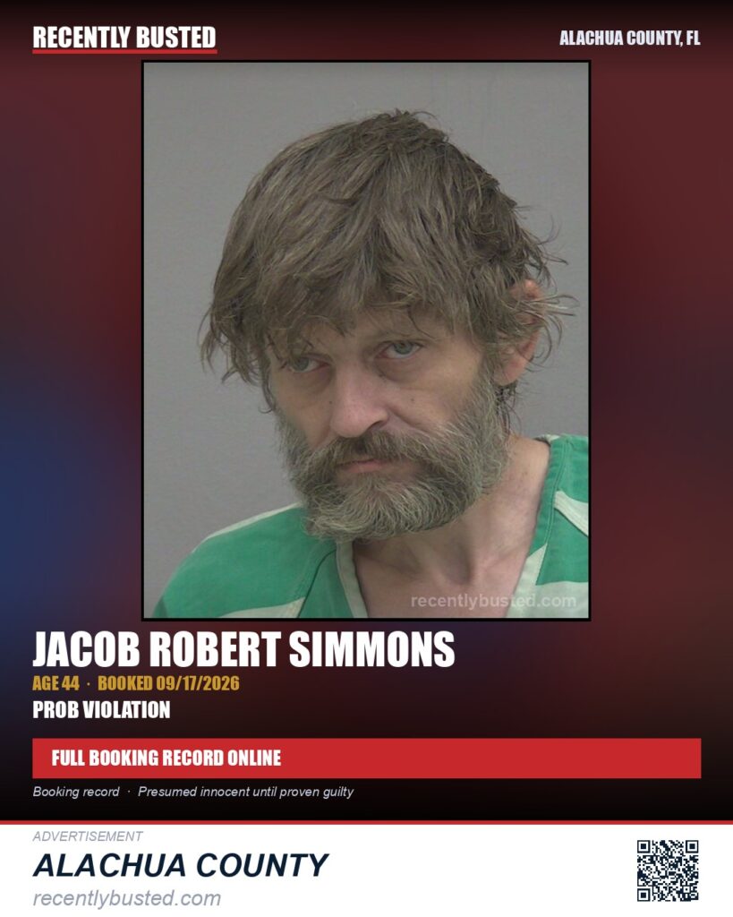 Jacob Robert Simmons — arrest record card, Alachua County, Florida
