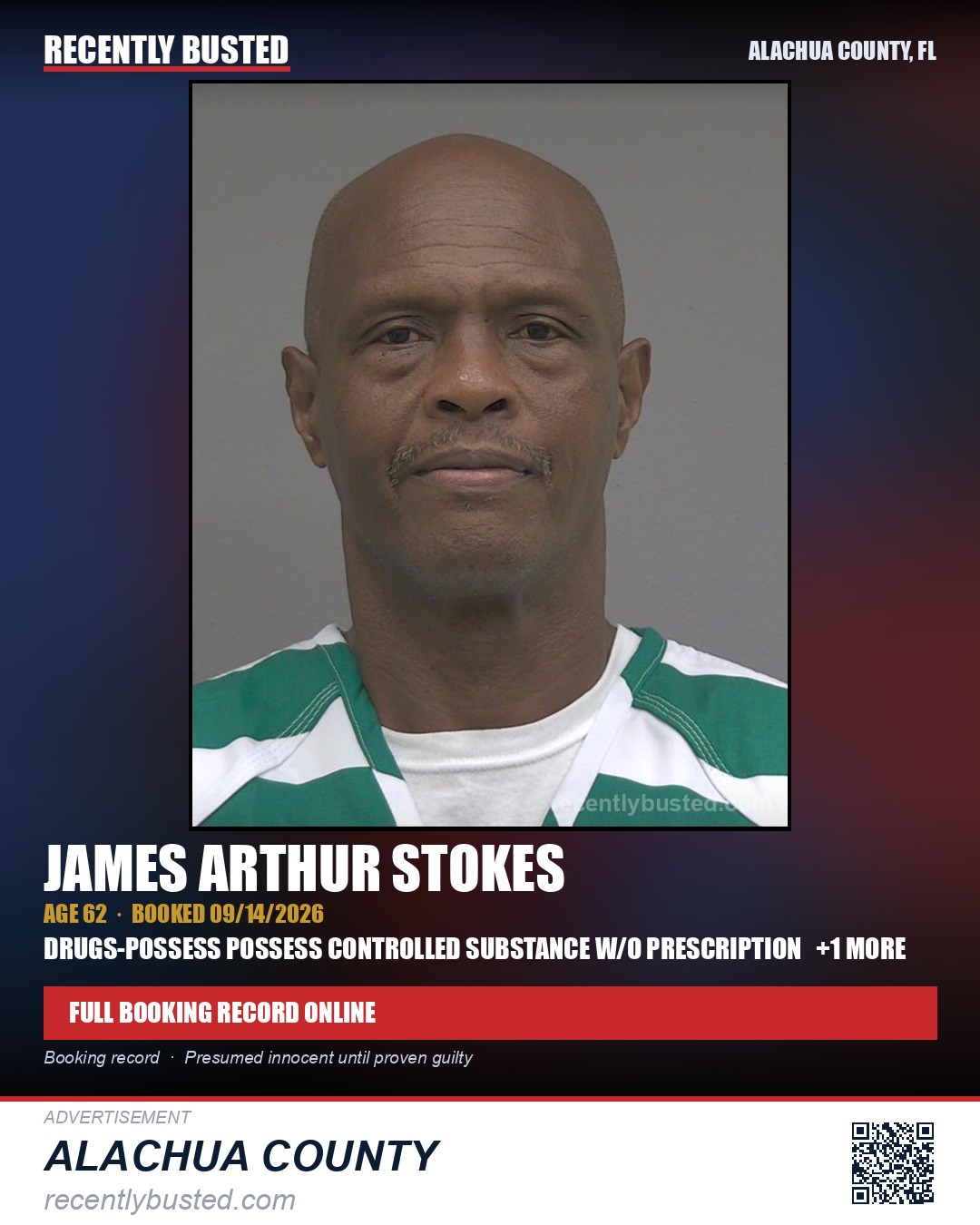 James Arthur Stokes — arrest record card, Alachua County, Florida