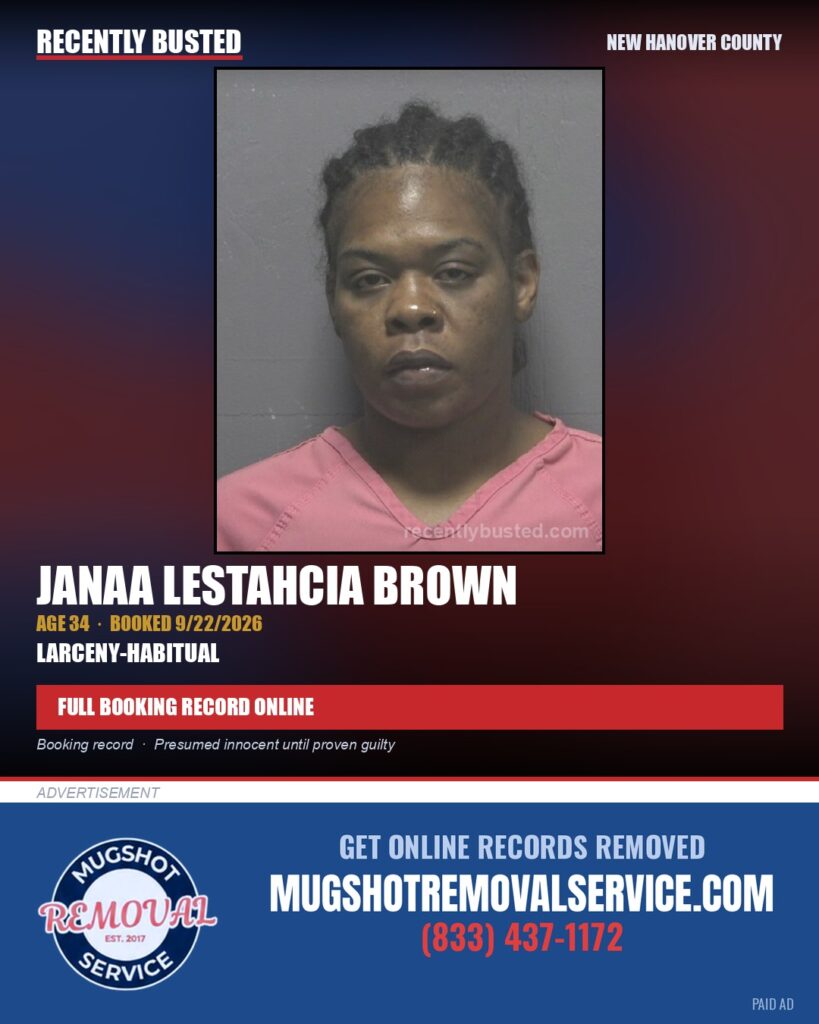 JANAA LESTAHCIA BROWN — arrest record card, New Hanover