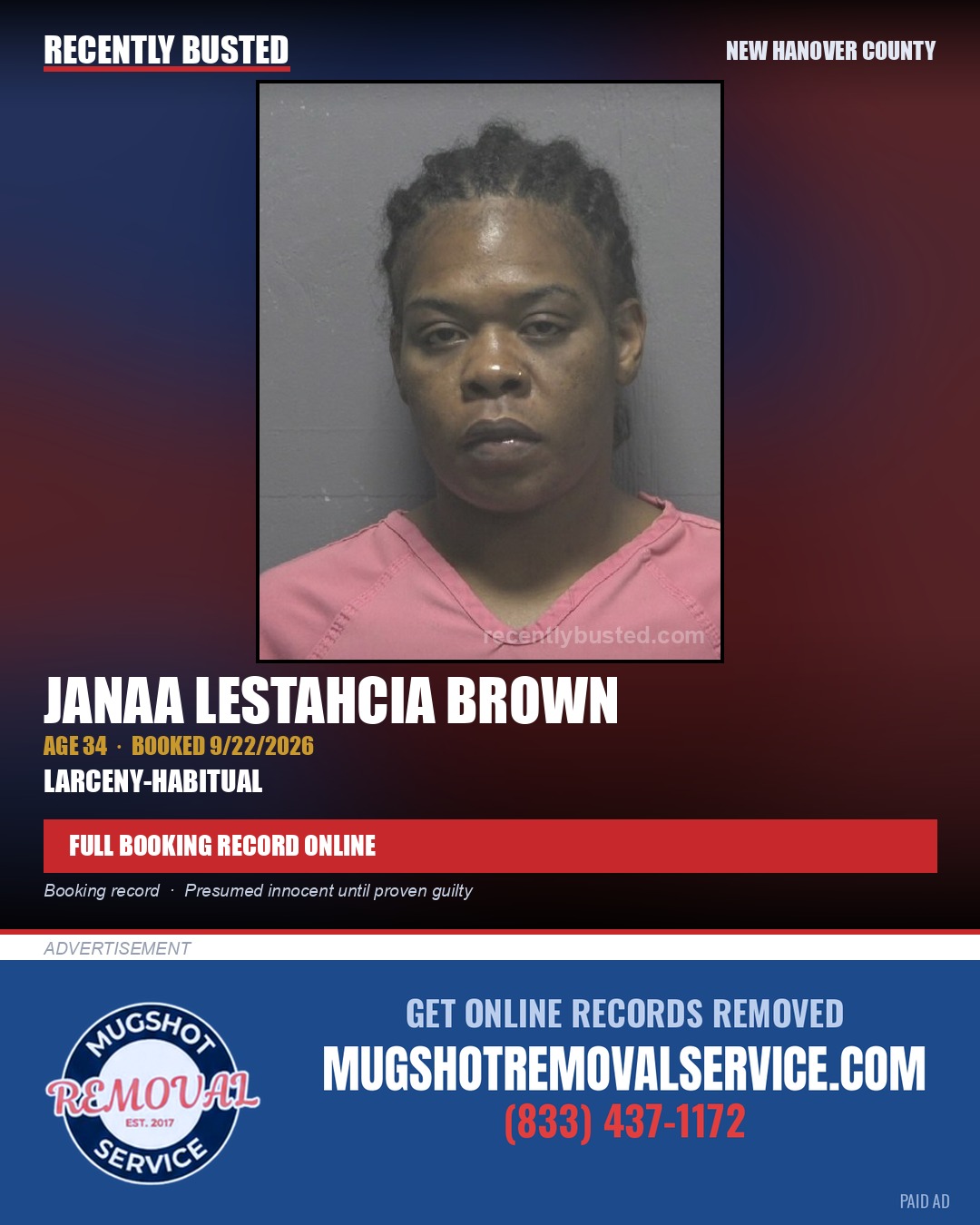 JANAA LESTAHCIA BROWN — arrest record card, New Hanover County