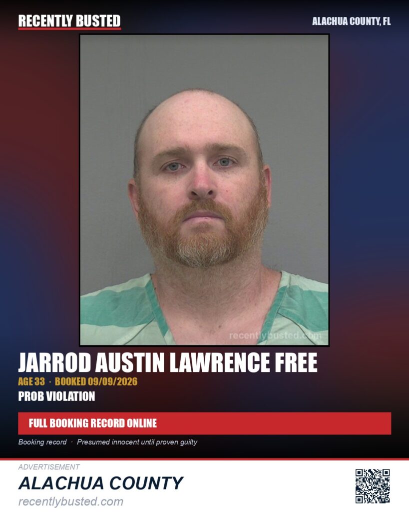 Jarrod Austin Lawrence Free — arrest record card, Alachua County, Florida