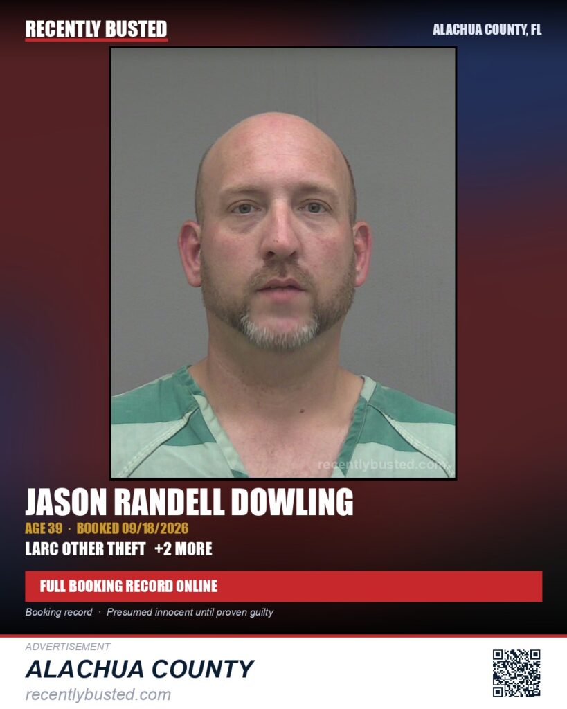 Jason Randell Dowling — arrest record card, Alachua County, Florida