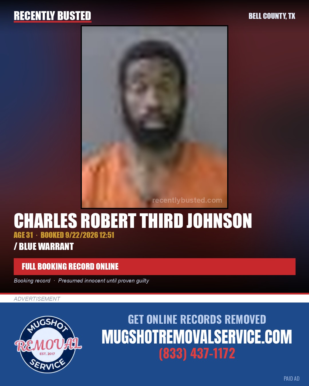 JOHNSON, CHARLES ROBERT THIRD — arrest record card, Bell County, Texas