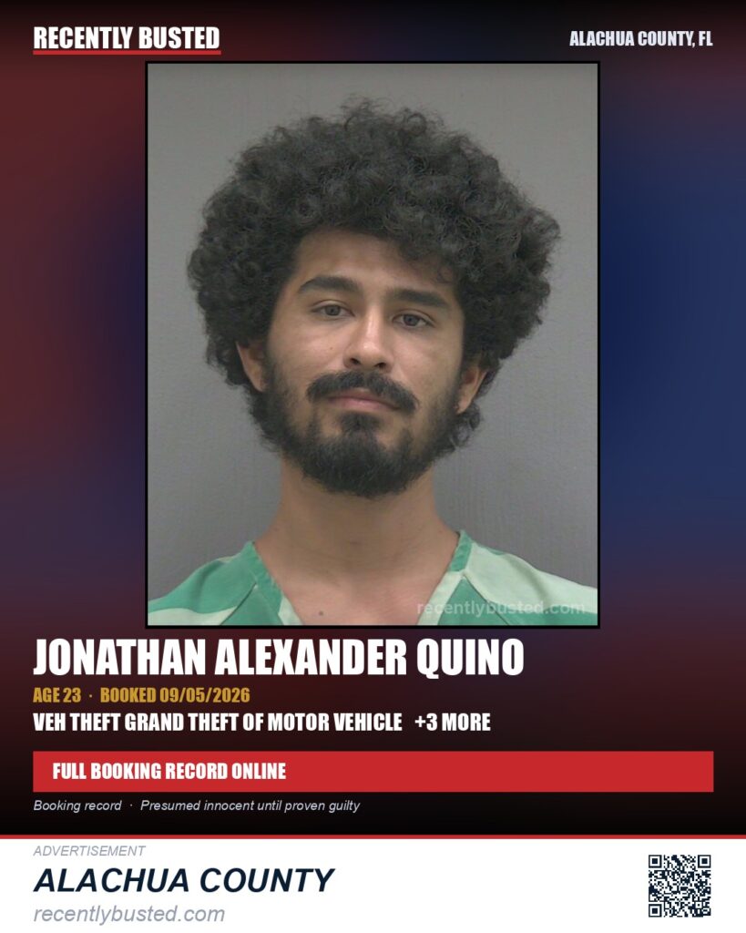 Jonathan Alexander Quino — arrest record card, Alachua County, Florida