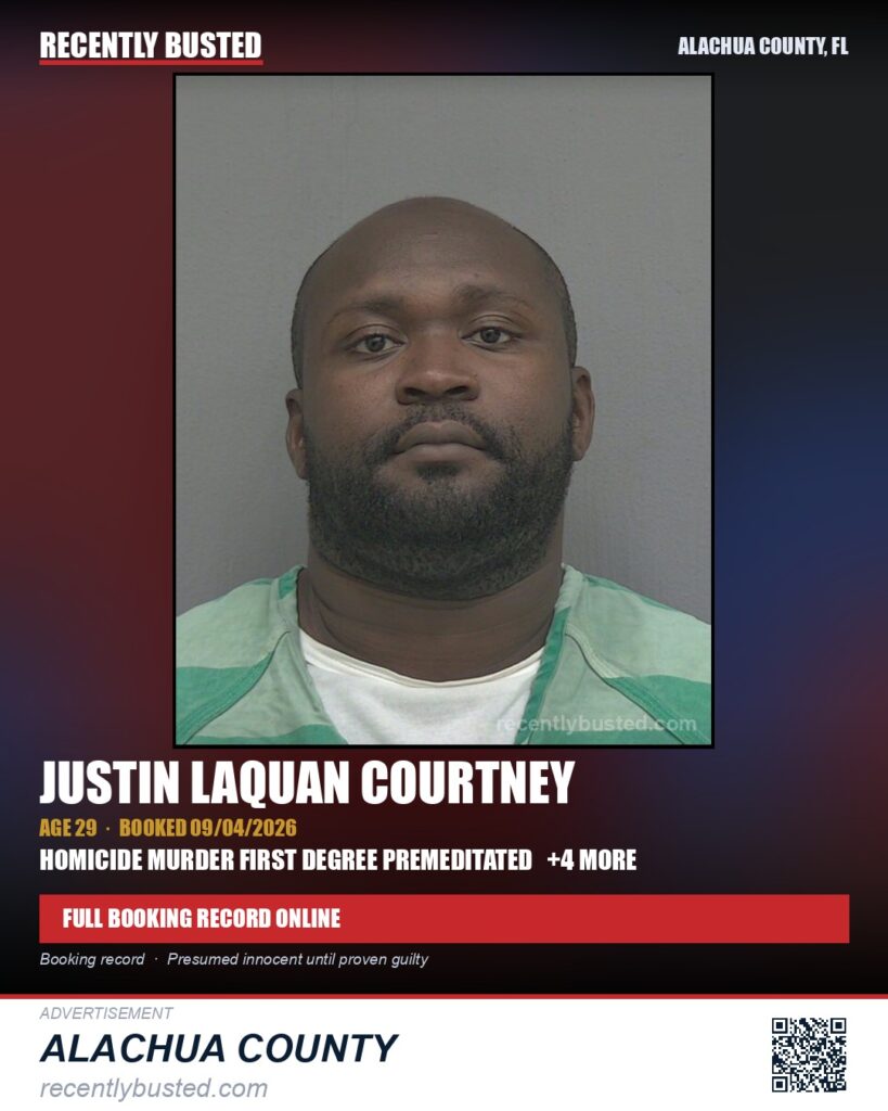 Justin Laquan Courtney — arrest record card, Alachua County, Florida