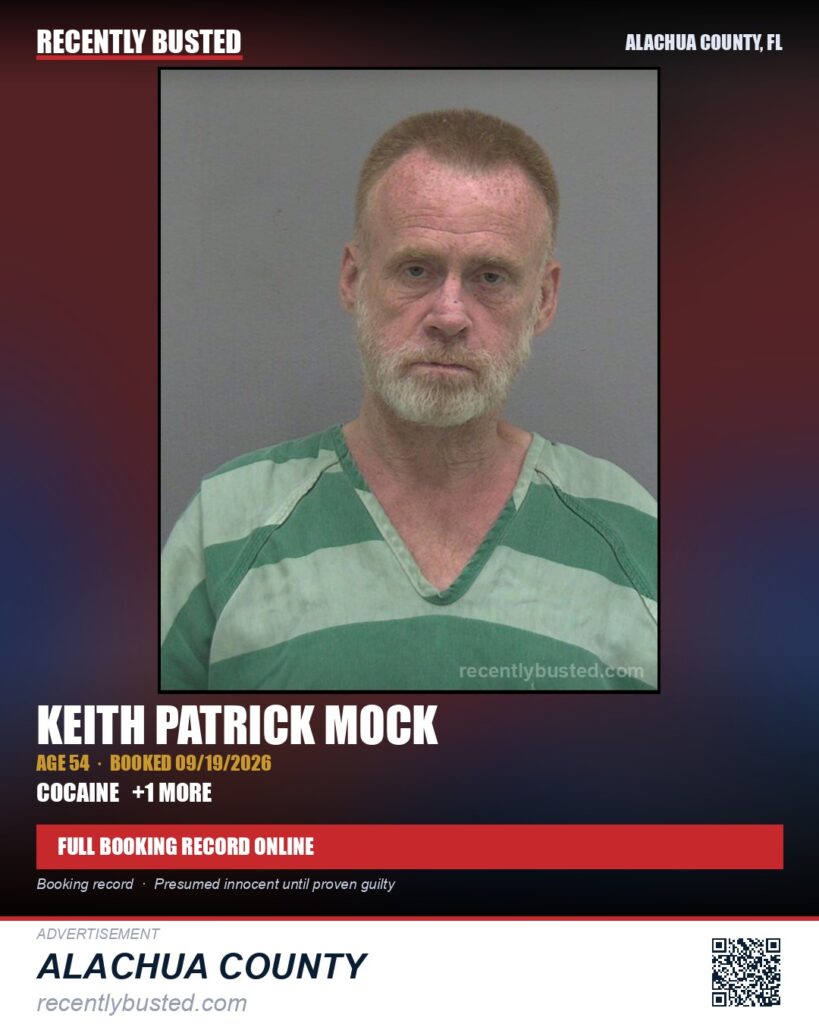 Keith Patrick Mock — arrest record card, Alachua County, Florida