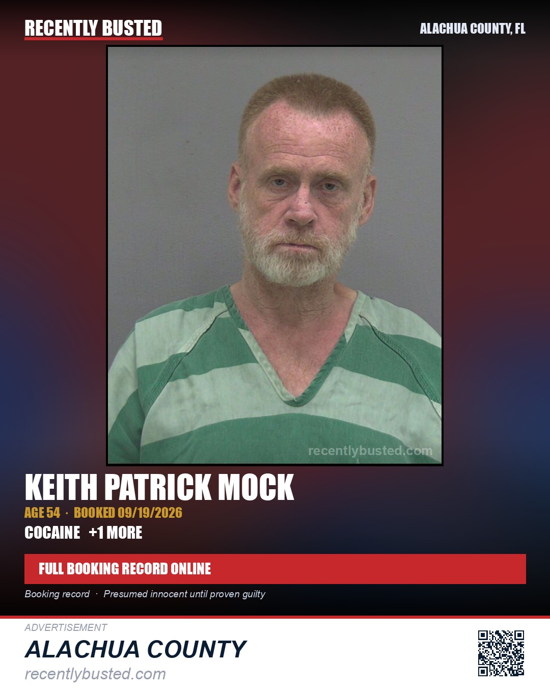 Keith Patrick Mock — arrest record card, Alachua County, Florida