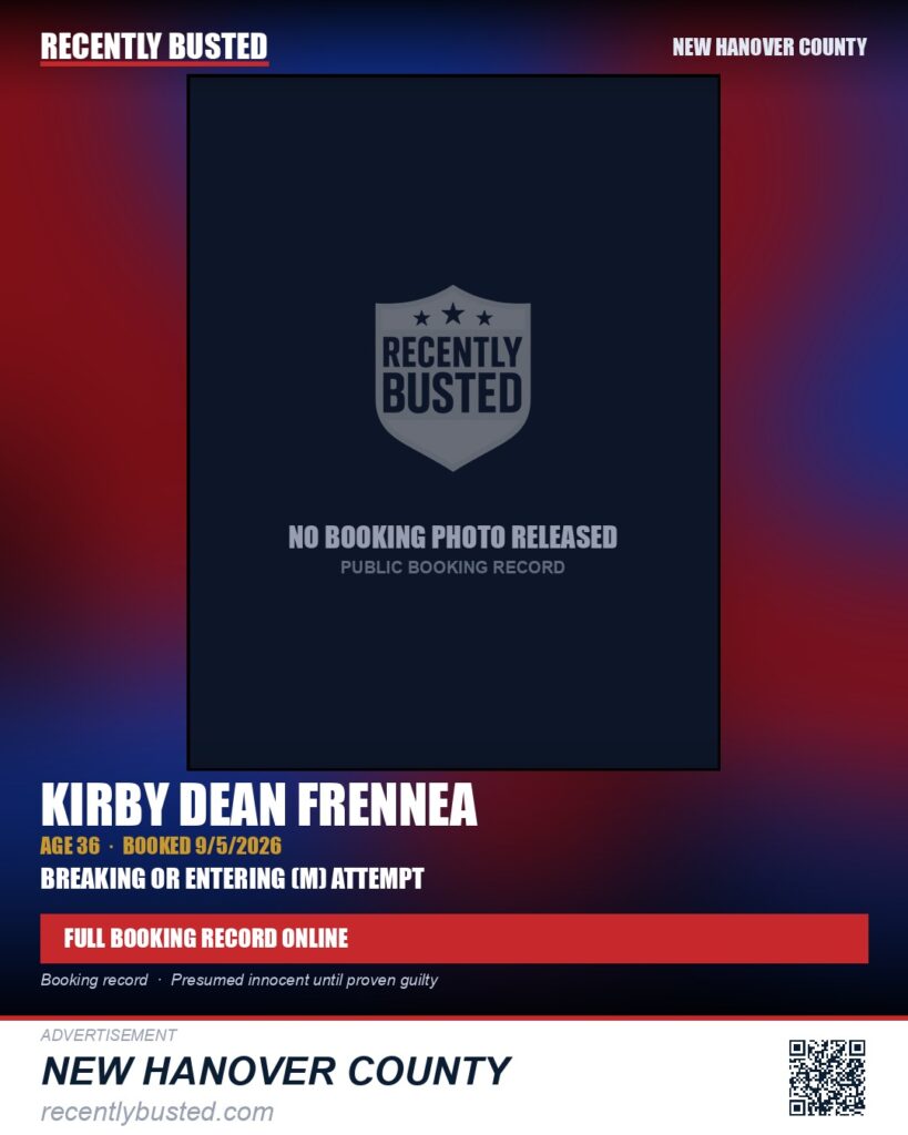 KIRBY DEAN FRENNEA — arrest record card, New Hanover County