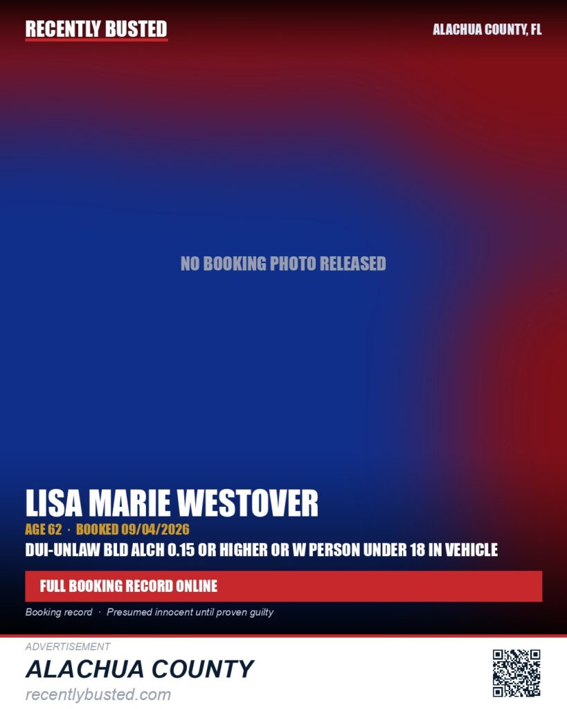 Lisa Marie Westover — arrest record card, Alachua County, Florida