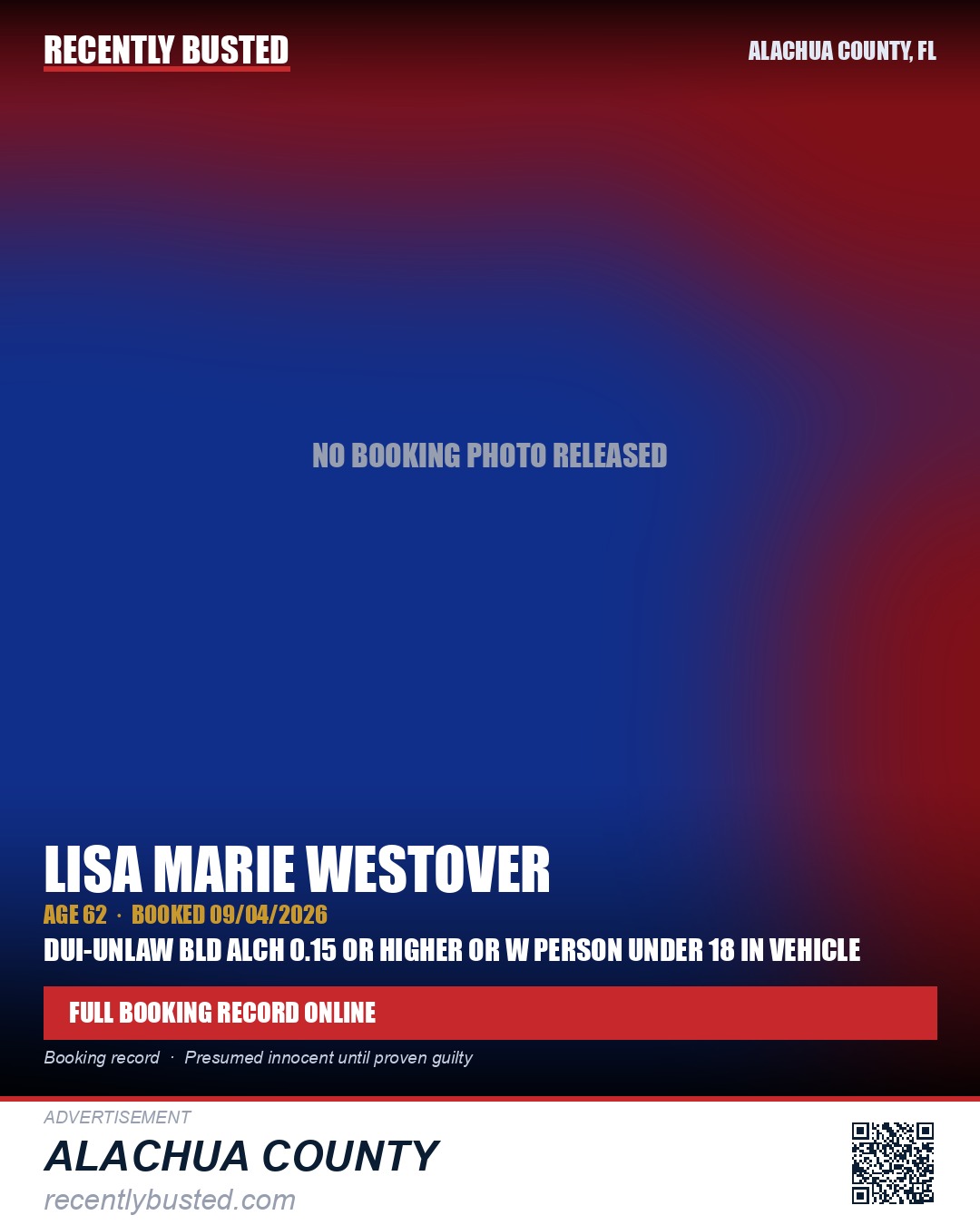 Lisa Marie Westover — arrest record card, Alachua County, Florida