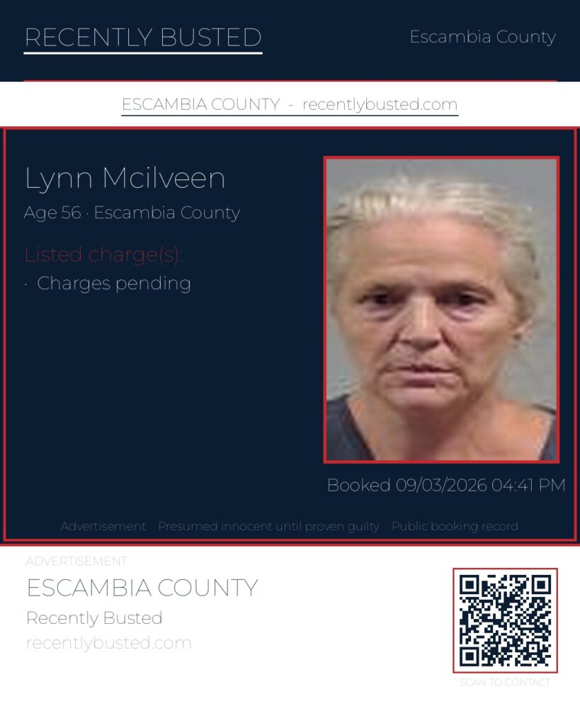 Lynn Mcilveen — arrest record card, Escambia County, Florida