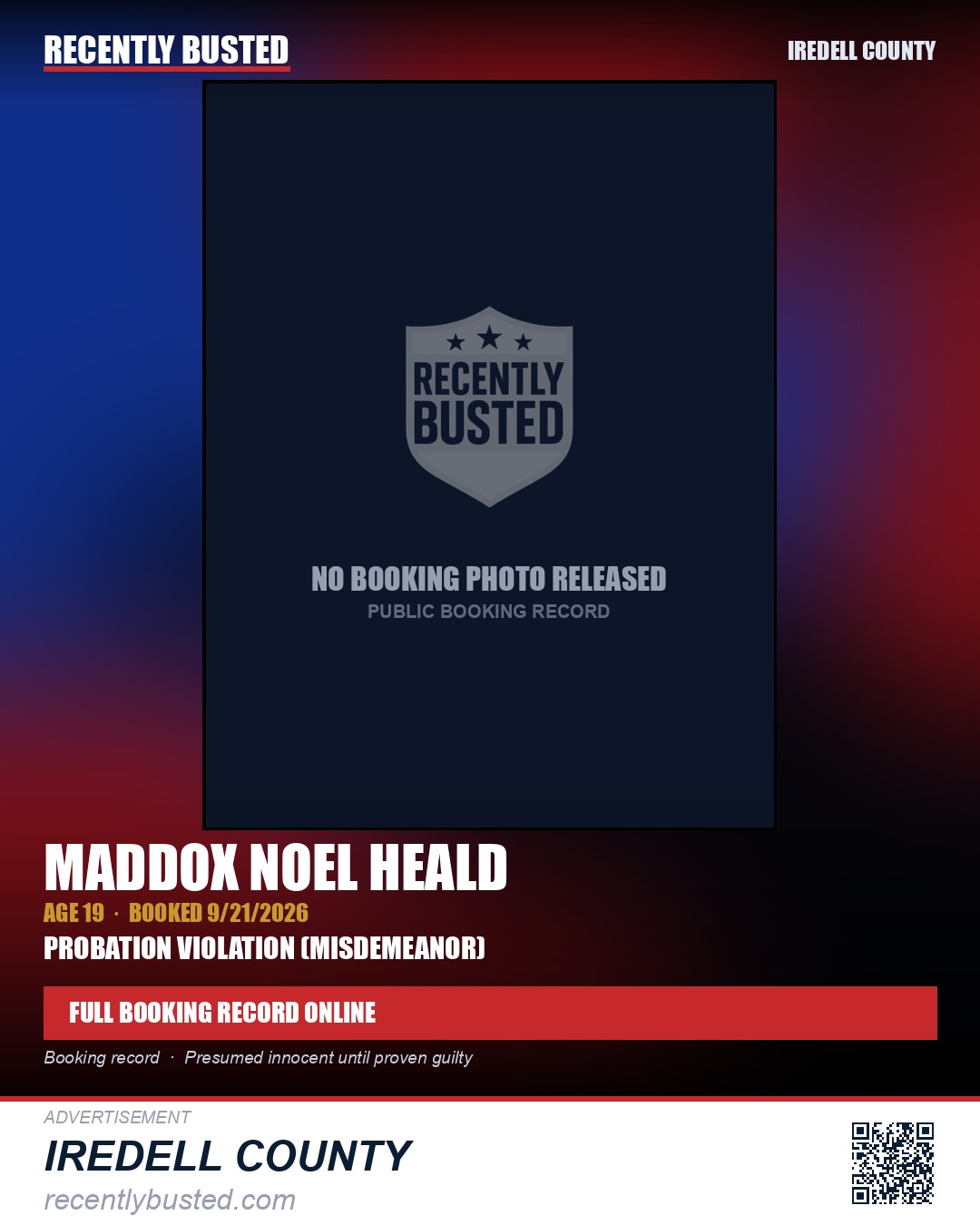 MADDOX NOEL HEALD — arrest record card, Iredell County