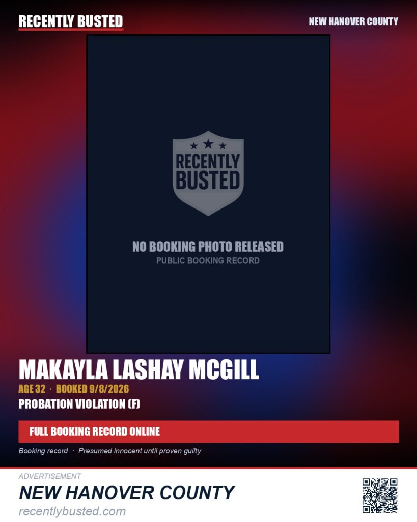 MAKAYLA LASHAY MCGILL — arrest record card, New Hanover County