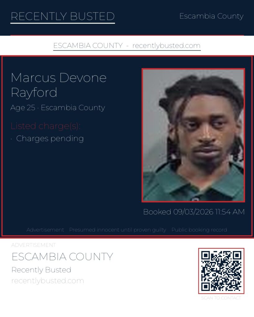 Marcus Devone Rayford — arrest record card, Escambia County, Florida