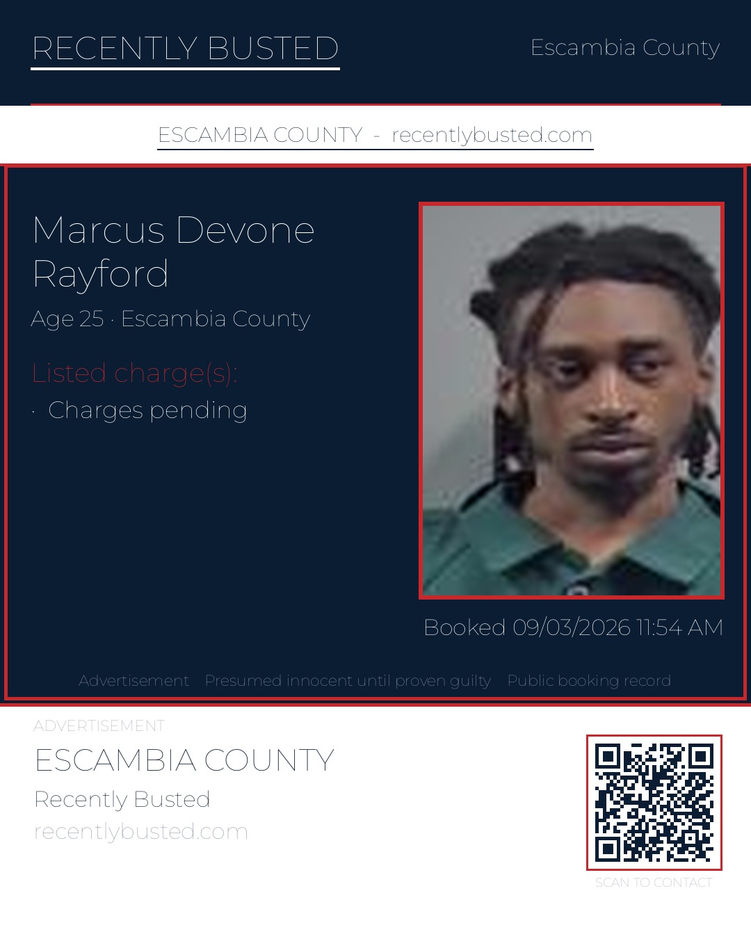 Marcus Devone Rayford — arrest record card, Escambia County, Florida