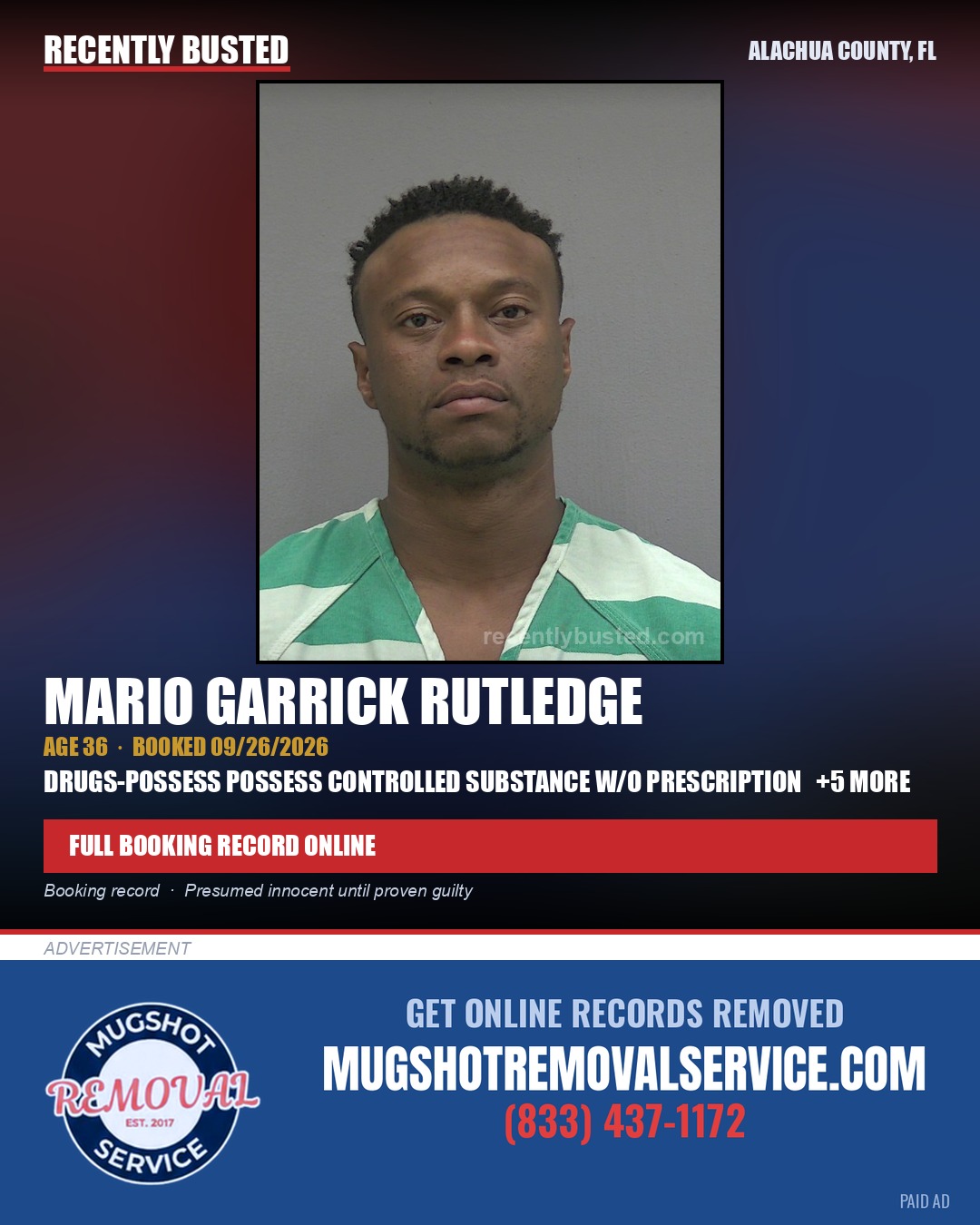 Mario Garrick Rutledge — arrest record card, Alachua County, Florida