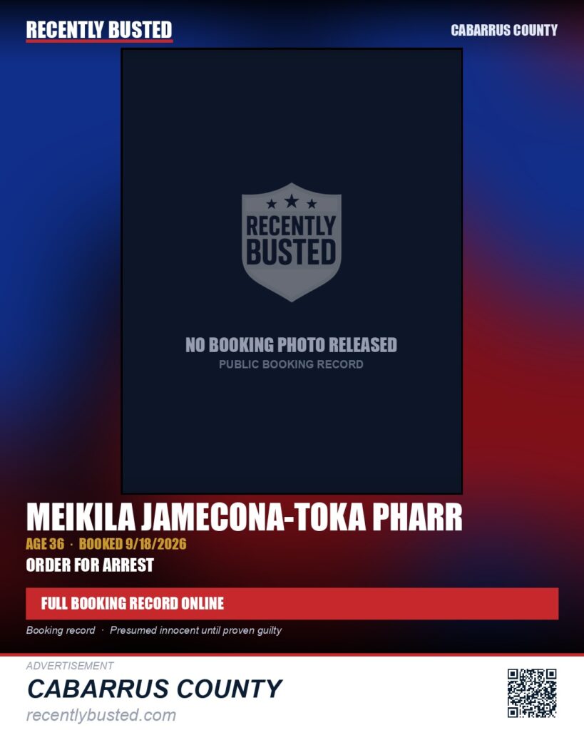 MEIKILA JAMECONA-TOKA PHARR — arrest record card, Cabarrus County