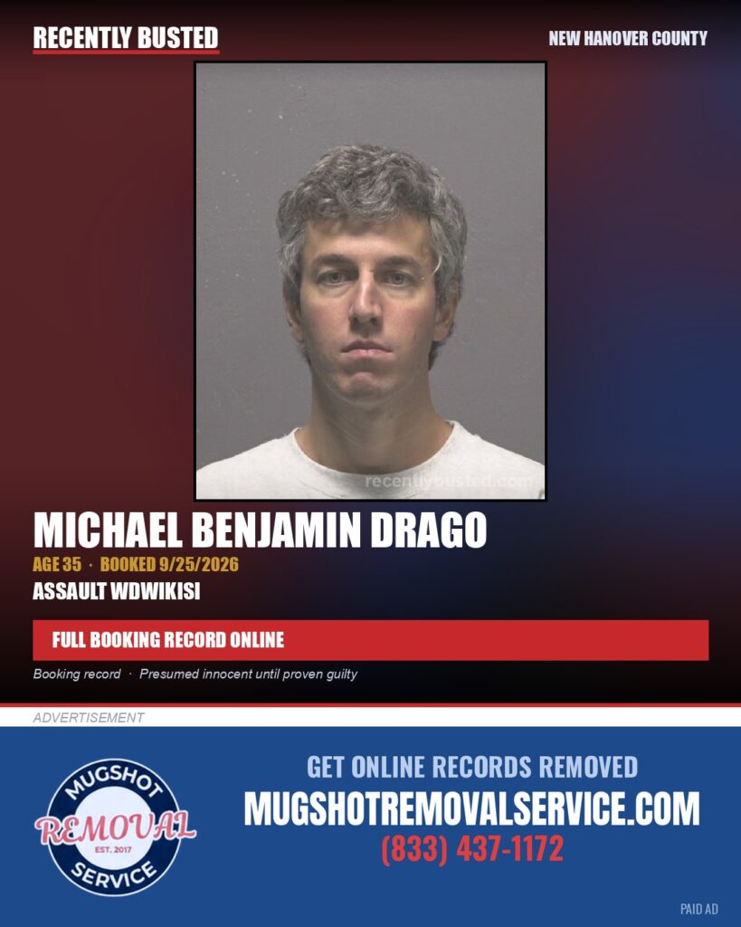MICHAEL BENJAMIN DRAGO — arrest record card, New Hanover