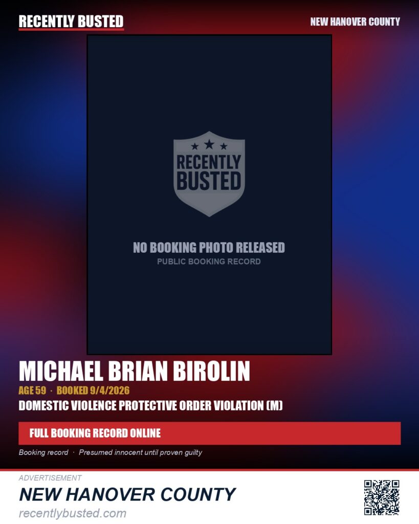 MICHAEL BRIAN BIROLIN — arrest record card, New Hanover County