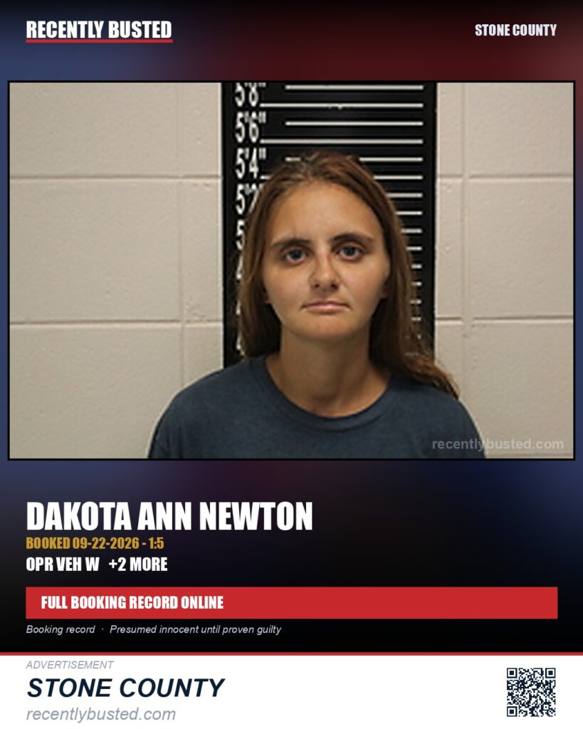 Newton, Dakota Ann — arrest record card, Stone County