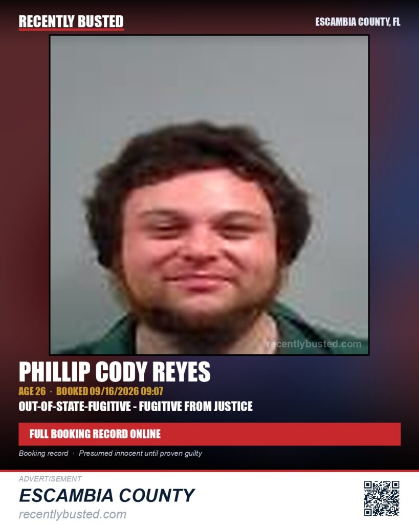 Phillip Cody Reyes — arrest record card, Escambia County, Florida