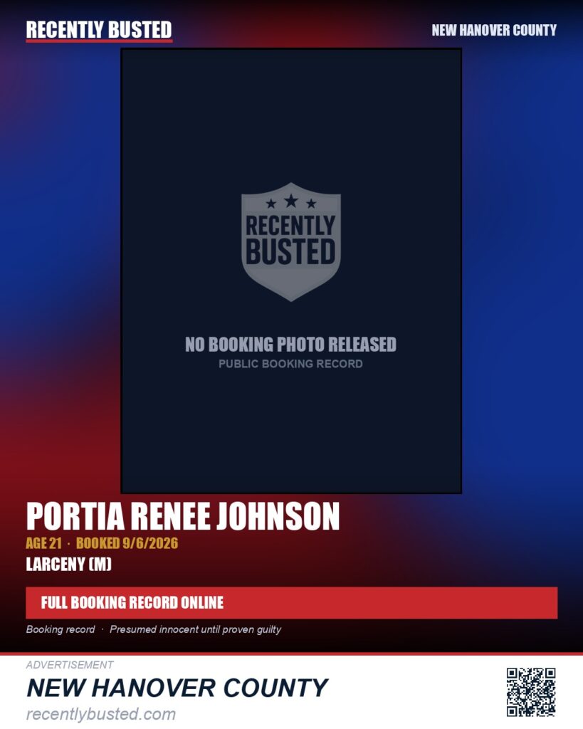 PORTIA RENEE JOHNSON — arrest record card, New Hanover County