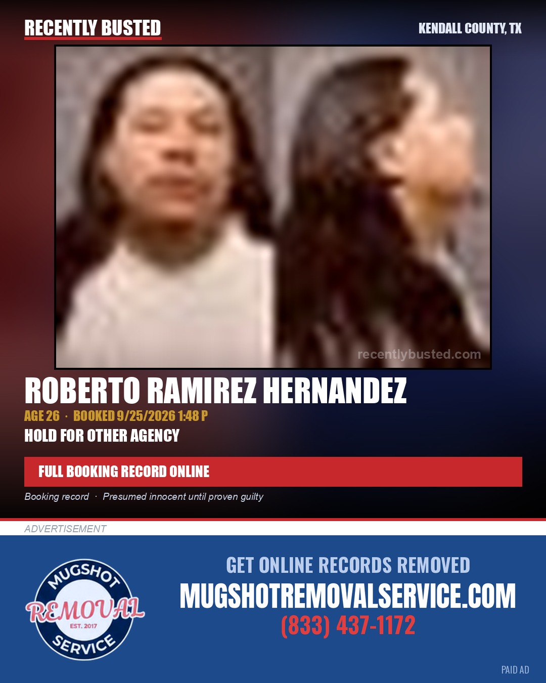 RAMIREZ HERNANDEZ, ROBERTO — arrest record card, Kendall County, Illinois